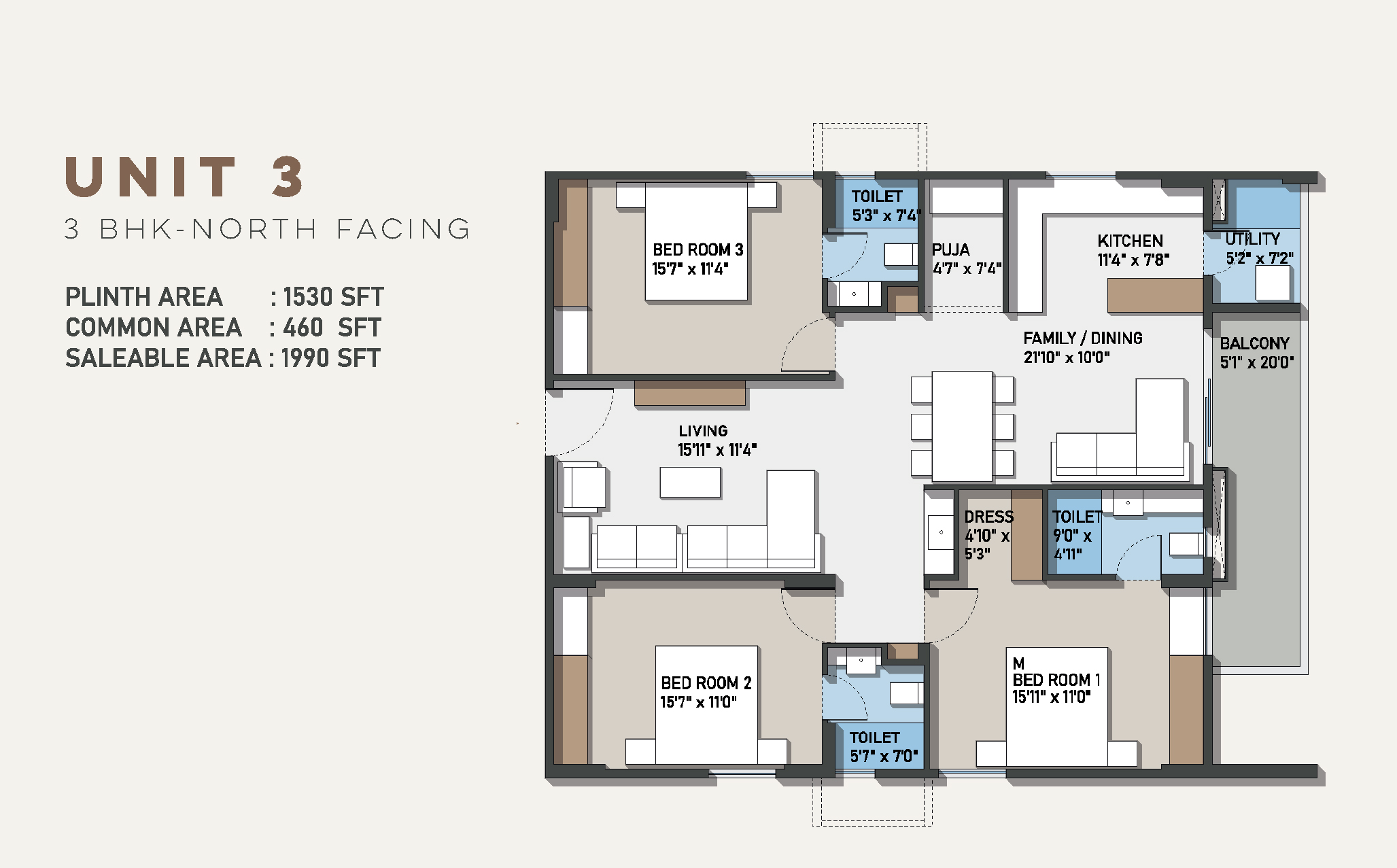 Configuration E – 3 BHK East Facing Floor Plan