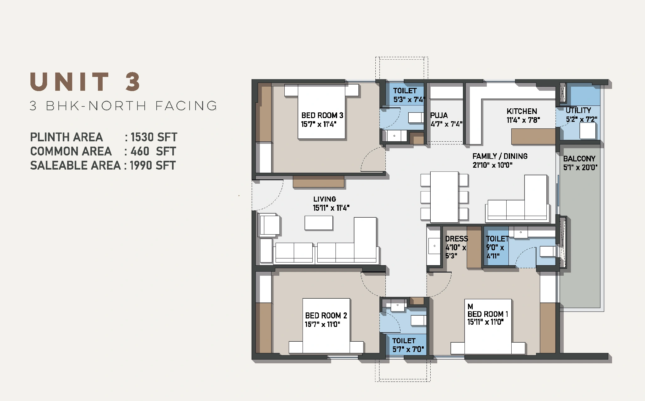 Configuration E – 3 BHK East Facing Floor Plan