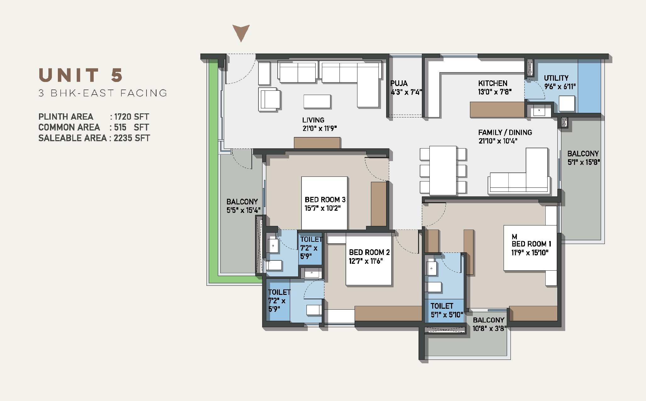 Configuration D – 2 BHK East Facing Floor Plan