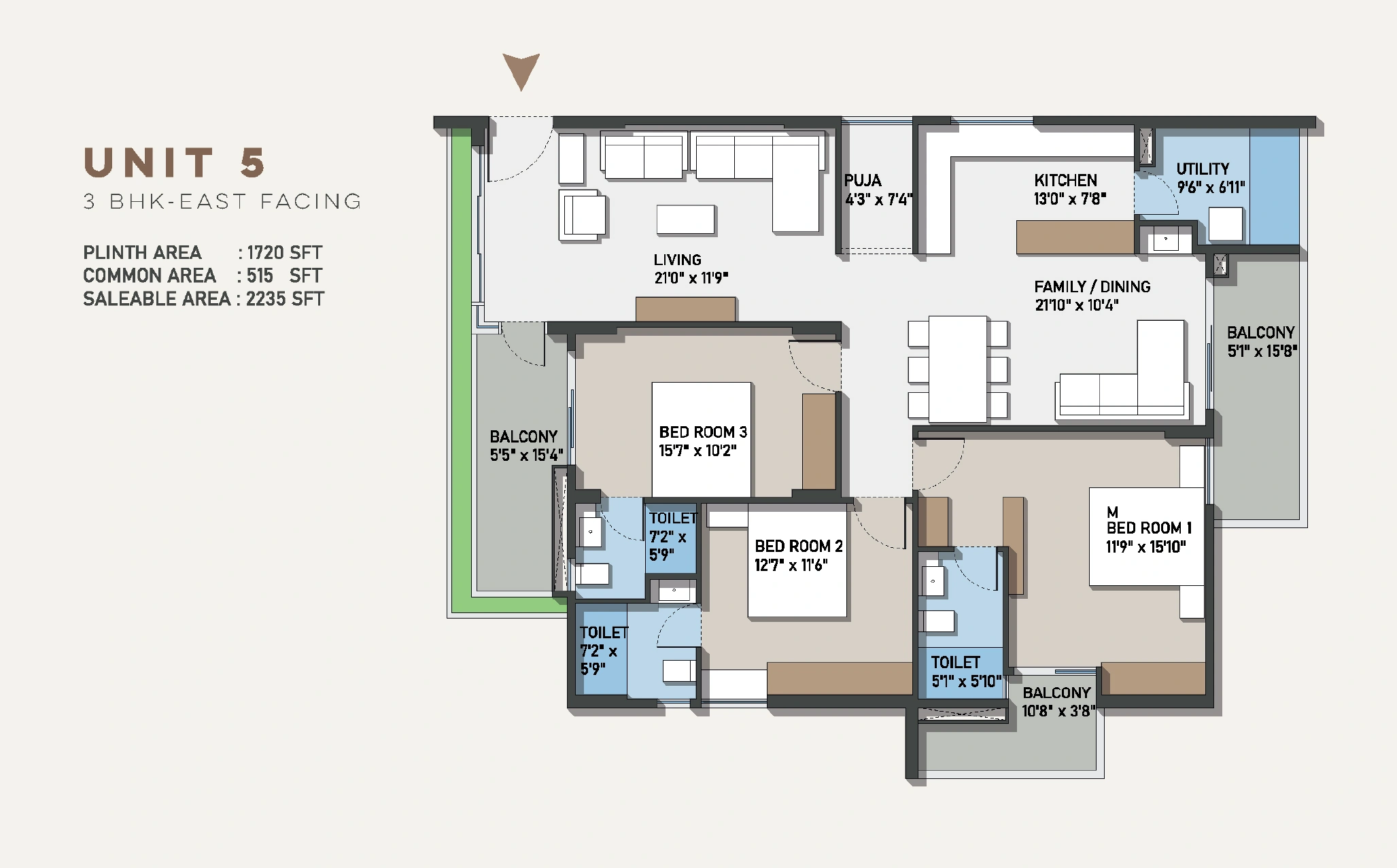 Configuration D – 2 BHK East Facing Floor Plan
