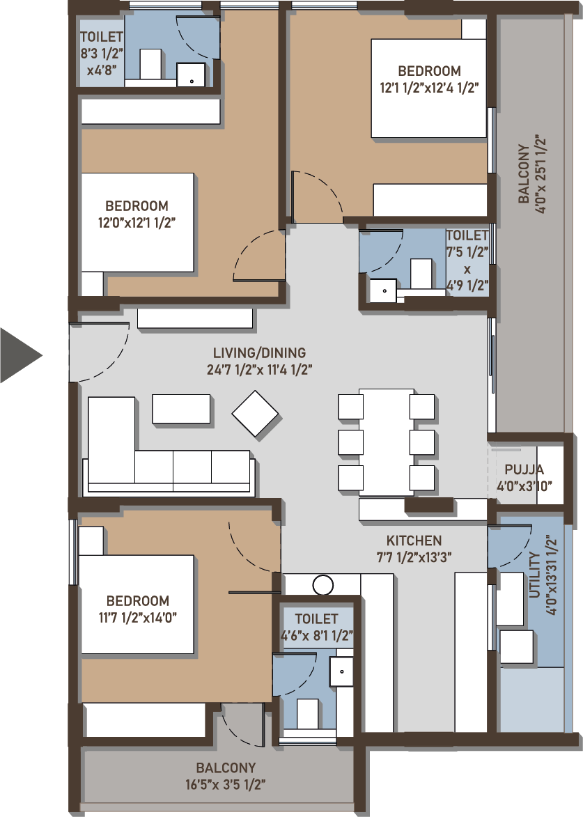 Configuration E – 3 BHK East Facing Floor Plan