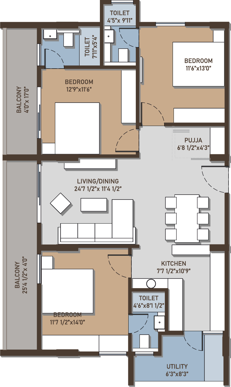 Configuration D – 2 BHK East Facing Floor Plan