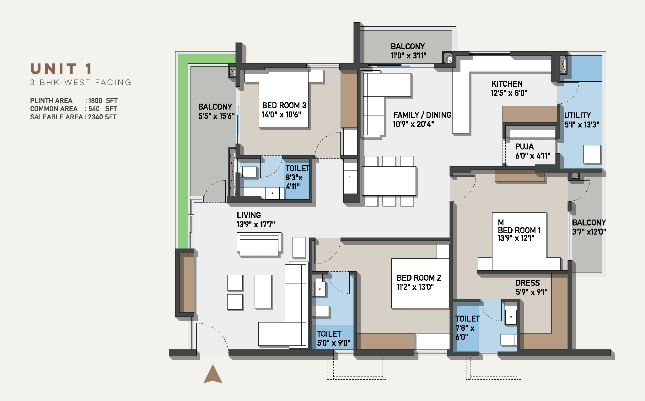 Configuration E – 3 BHK West Facing Floor Plan